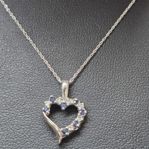 10K White Gold Necklace with White Gold Diamond and Sapphire Heart Pendant