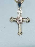  10K Two Tone Gold Cross with Rose Gold Flower in center 1.9mm x 1.4mm, 0.6g