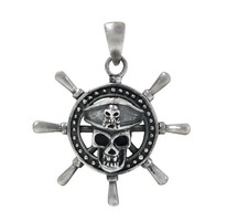  NEW Sterling Silver, Pirate skull head with boat sailing ship wheel pendant