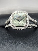  14K White Gold, Green Quartz, White Sapphire Ring, Size 6 1/4, 5g