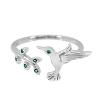 Size 7, Sterling silver with rhodium, adjustable ring with hummingbird and leave