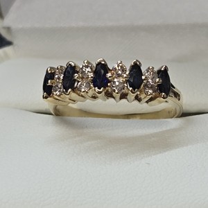 14K Yellow Gold Diamond Ring with 5 Marquee Sapphires. Size 6