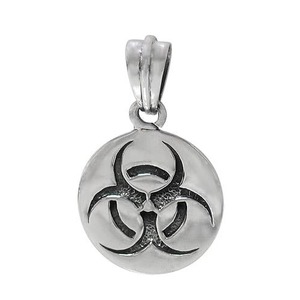 Brand New Sterling Silver, flat round pendant with toxic Biohazard pendant